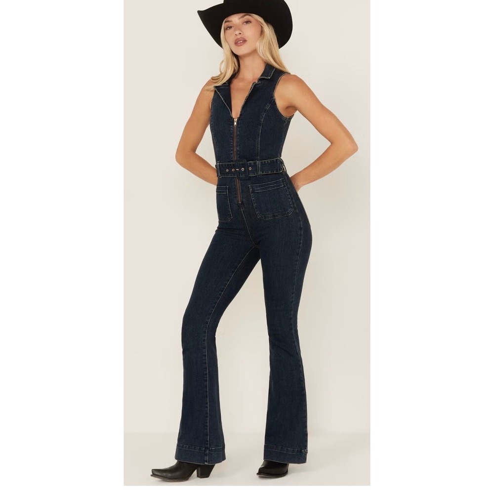 Show Me Your Mumu Womens Denim Jumpsuit Dark Wash Flare Leg Belted XL Sleeveless